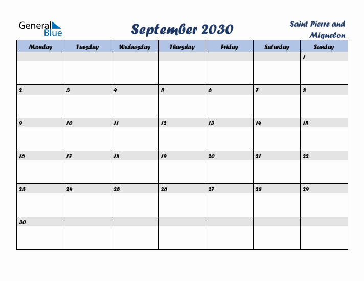 September 2030 Calendar with Holidays in Saint Pierre and Miquelon