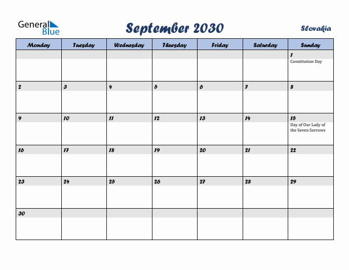 September 2030 Calendar with Holidays in Slovakia