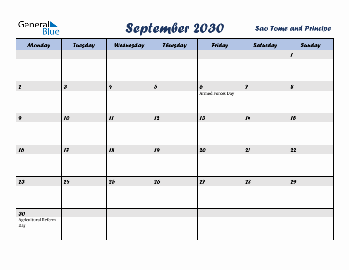 September 2030 Calendar with Holidays in Sao Tome and Principe