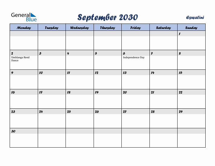 September 2030 Calendar with Holidays in Eswatini
