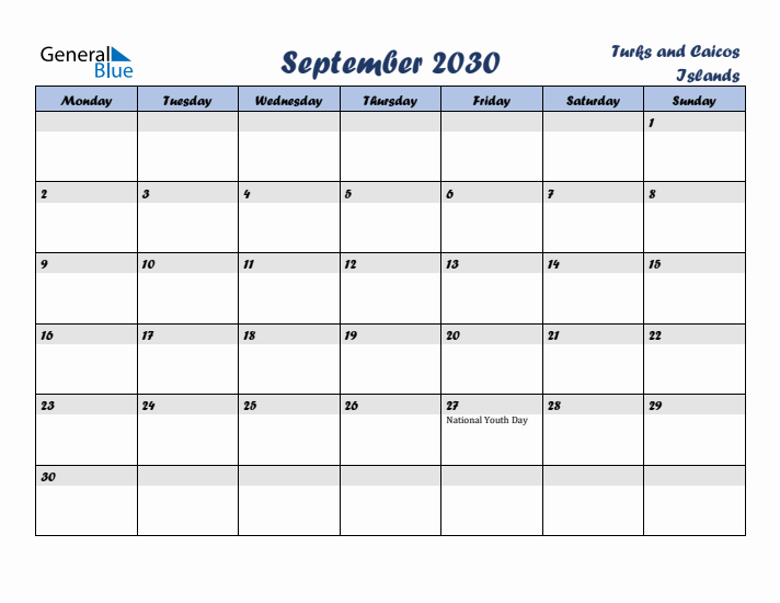 September 2030 Calendar with Holidays in Turks and Caicos Islands