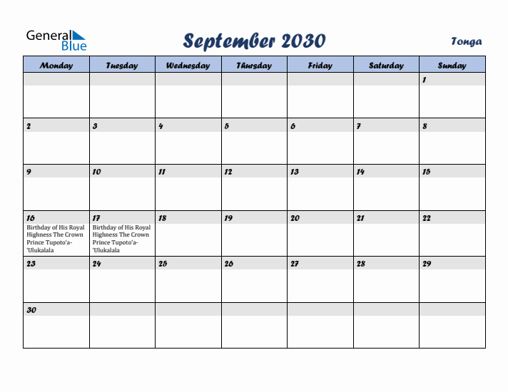 September 2030 Calendar with Holidays in Tonga