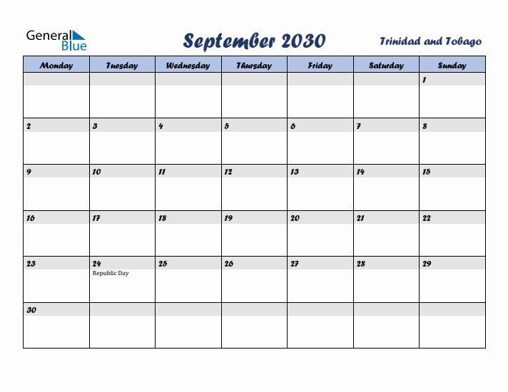 September 2030 Calendar with Holidays in Trinidad and Tobago