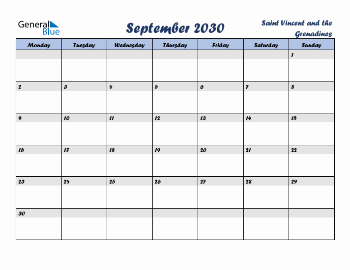 September 2030 Calendar with Holidays in Saint Vincent and the Grenadines