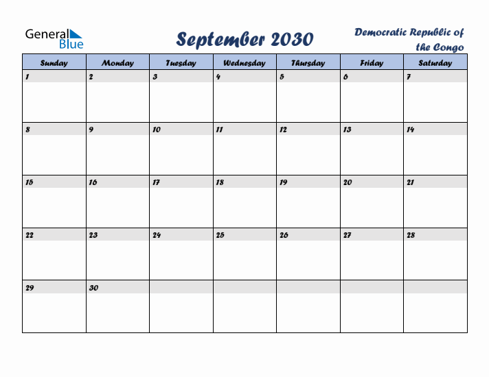 September 2030 Calendar with Holidays in Democratic Republic of the Congo