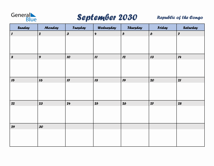 September 2030 Calendar with Holidays in Republic of the Congo