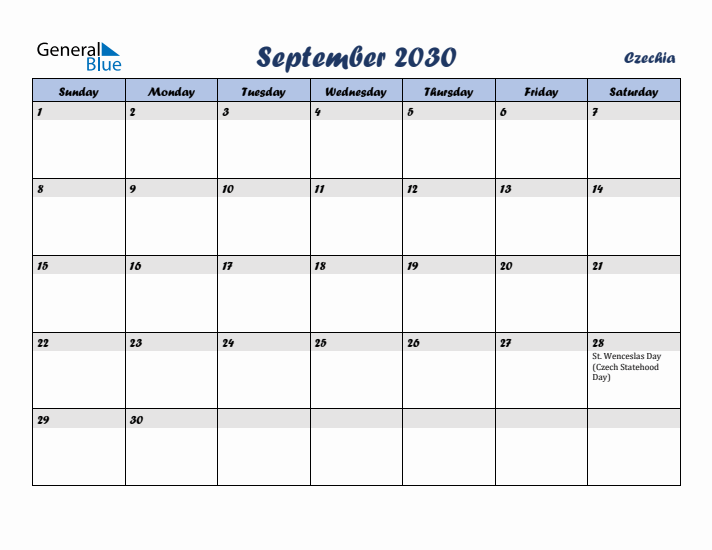 September 2030 Calendar with Holidays in Czechia
