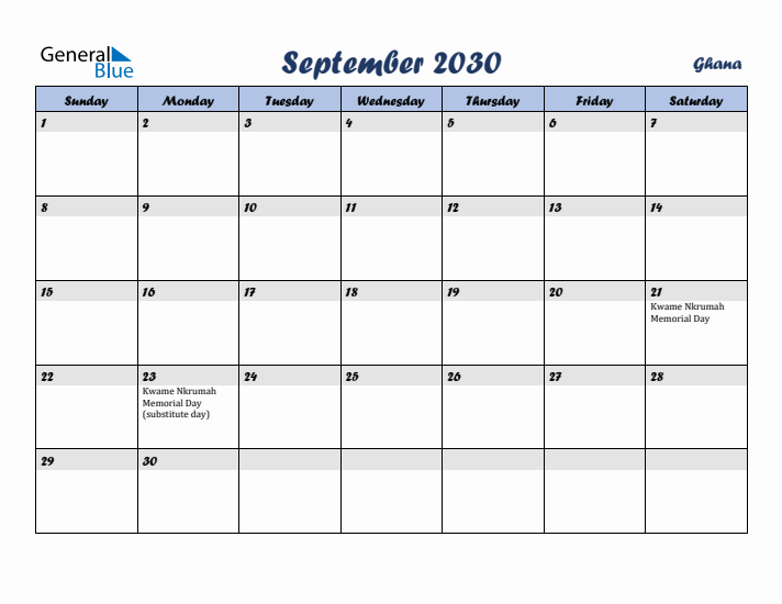 September 2030 Calendar with Holidays in Ghana