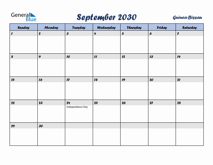 September 2030 Calendar with Holidays in Guinea-Bissau