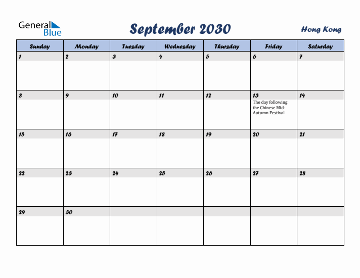 September 2030 Calendar with Holidays in Hong Kong