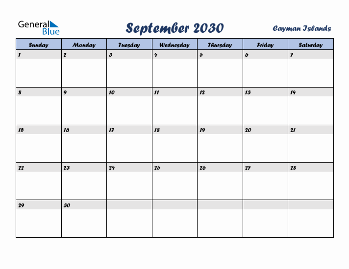 September 2030 Calendar with Holidays in Cayman Islands