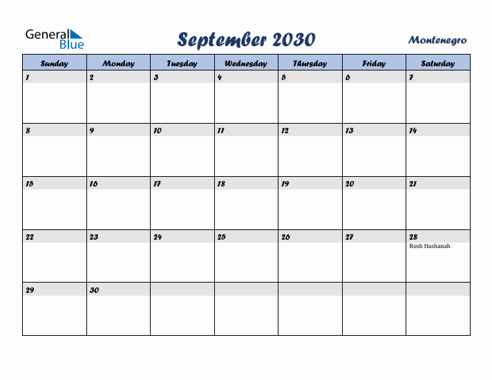 September 2030 Calendar with Holidays in Montenegro