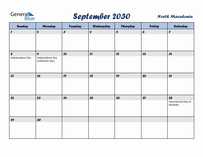 September 2030 Calendar with Holidays in North Macedonia