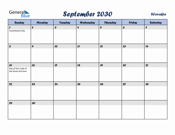 September 2030 Calendar with Holidays in Slovakia