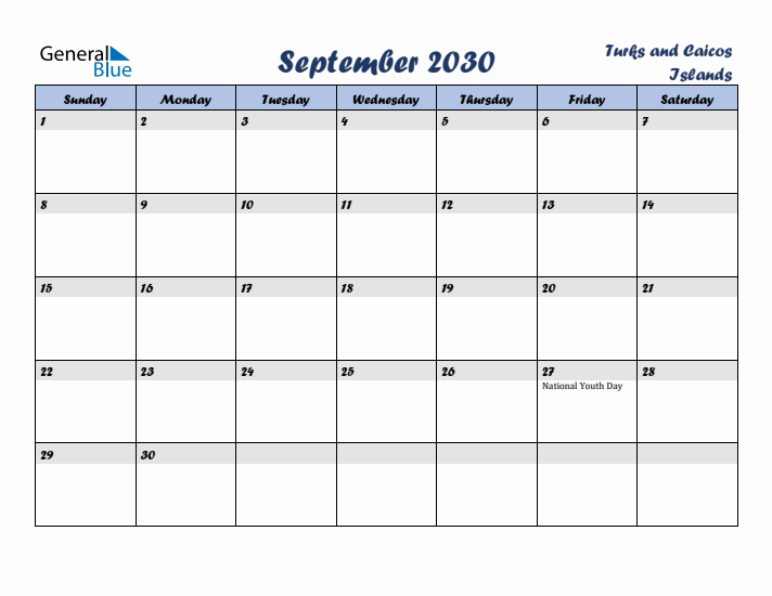 September 2030 Calendar with Holidays in Turks and Caicos Islands