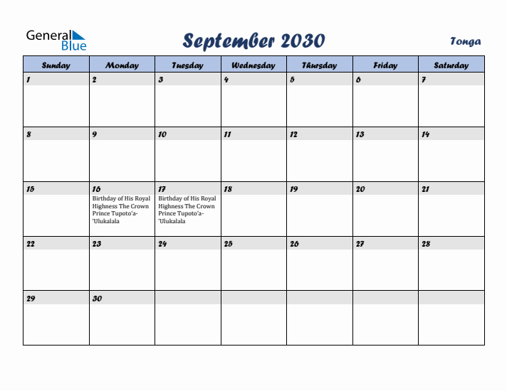 September 2030 Calendar with Holidays in Tonga