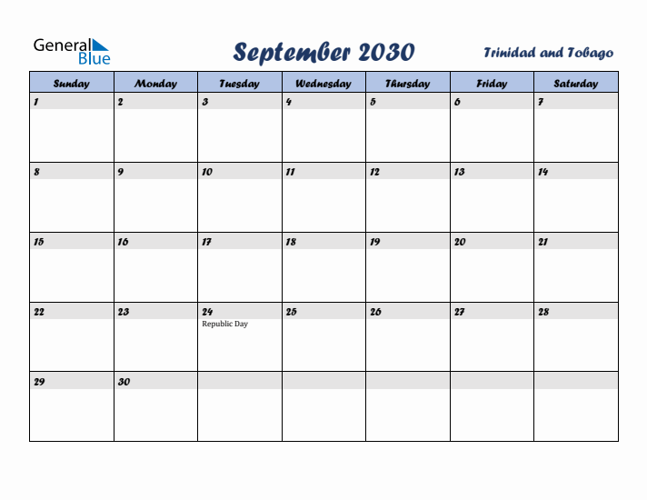 September 2030 Calendar with Holidays in Trinidad and Tobago