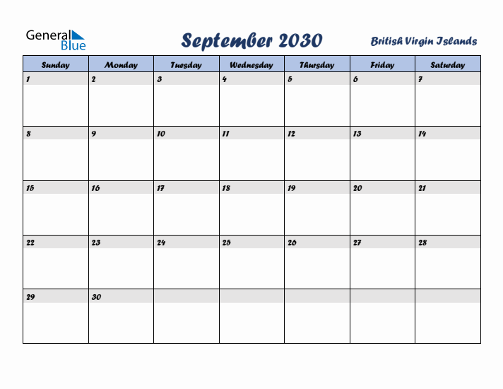 September 2030 Calendar with Holidays in British Virgin Islands