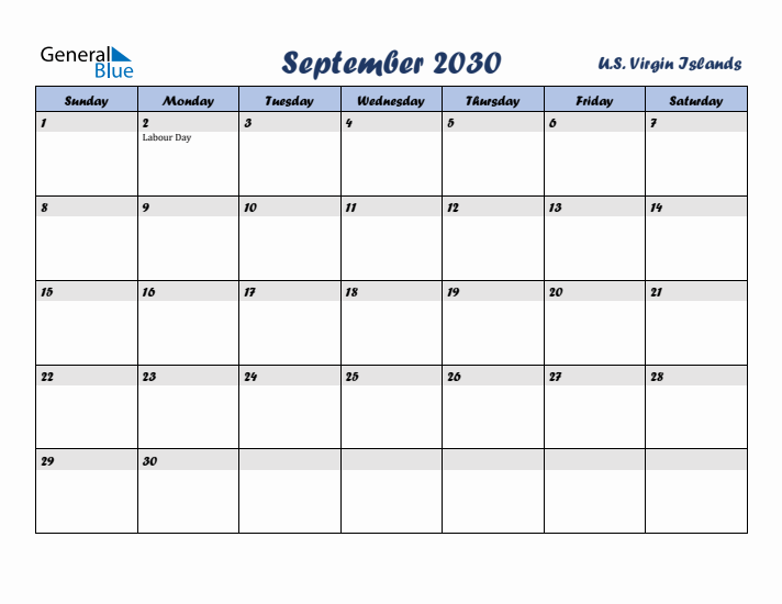 September 2030 Calendar with Holidays in U.S. Virgin Islands