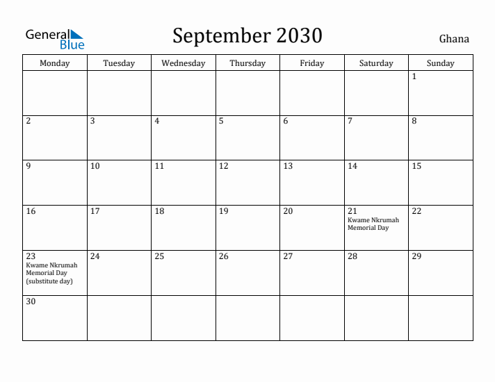 September 2030 Calendar Ghana