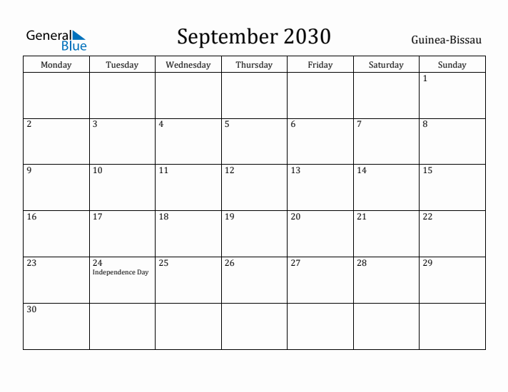 September 2030 Calendar Guinea-Bissau