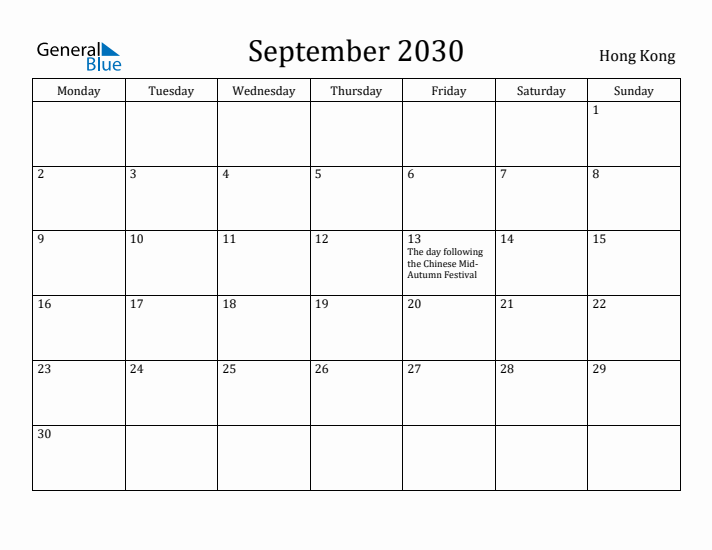 September 2030 Calendar Hong Kong