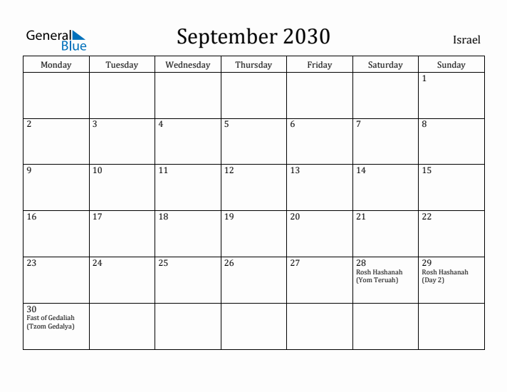 September 2030 Calendar Israel