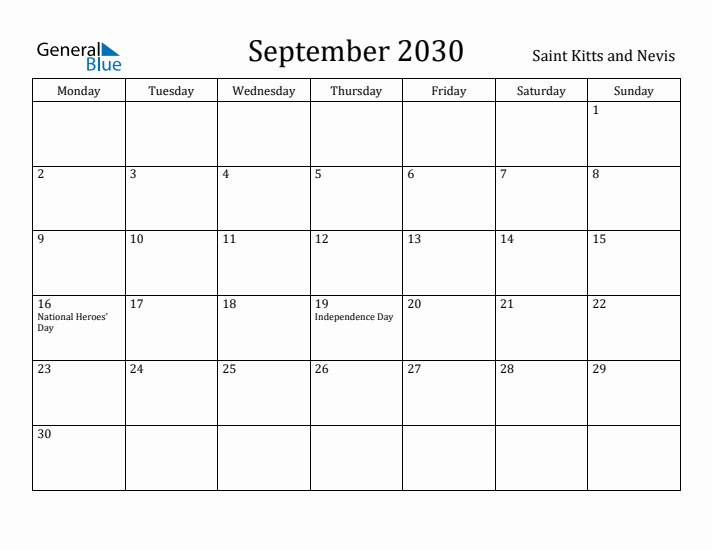 September 2030 Calendar Saint Kitts and Nevis