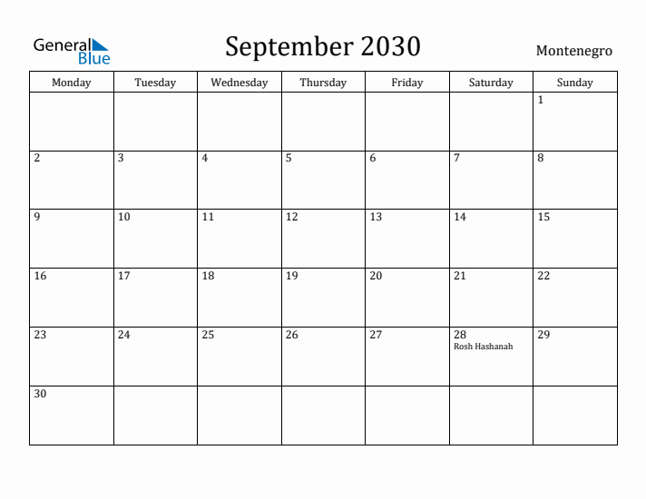 September 2030 Calendar Montenegro