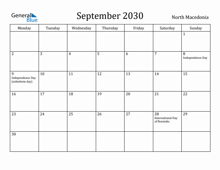 September 2030 Calendar North Macedonia