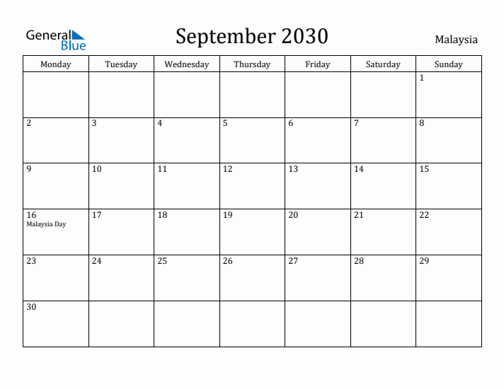 September 2030 Calendar Malaysia