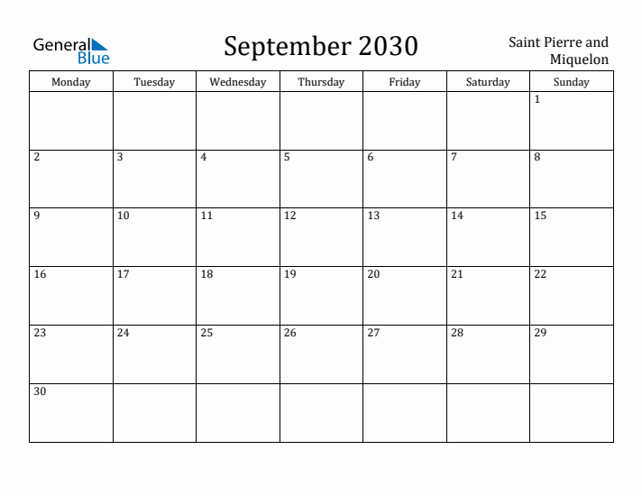September 2030 Calendar Saint Pierre and Miquelon