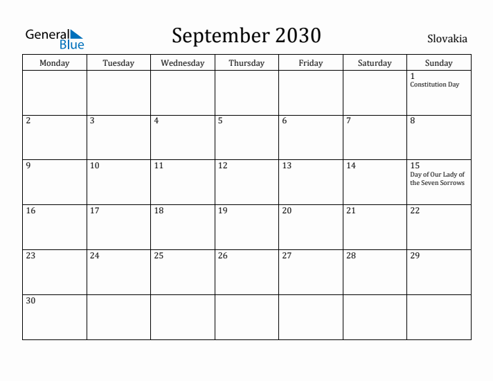 September 2030 Calendar Slovakia