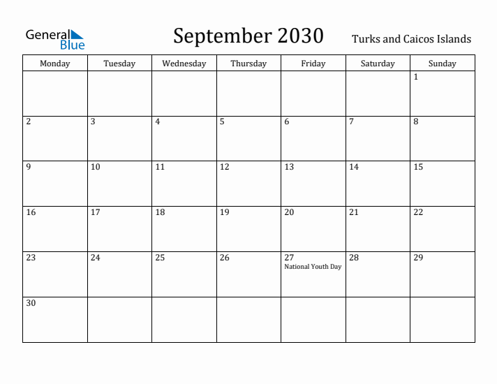 September 2030 Calendar Turks and Caicos Islands