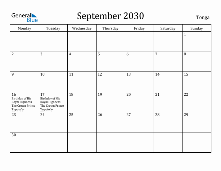 September 2030 Calendar Tonga