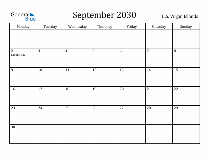 September 2030 Calendar U.S. Virgin Islands