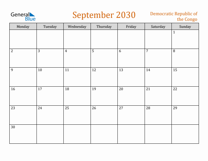 September 2030 Holiday Calendar with Monday Start