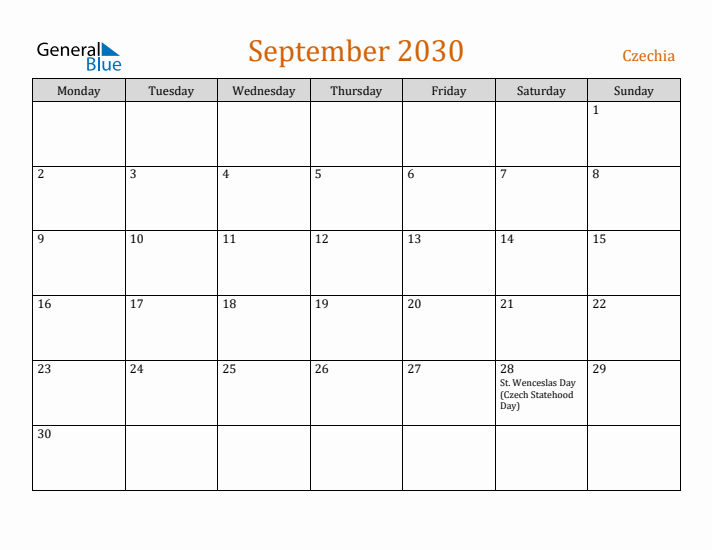 September 2030 Holiday Calendar with Monday Start