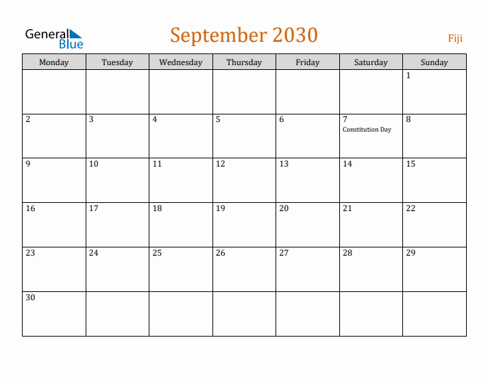 September 2030 Holiday Calendar with Monday Start