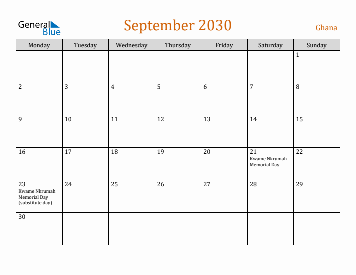 September 2030 Holiday Calendar with Monday Start