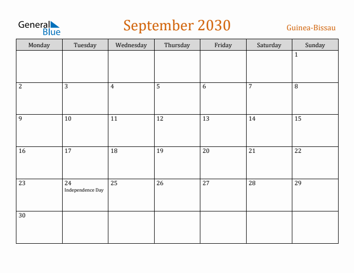 September 2030 Holiday Calendar with Monday Start