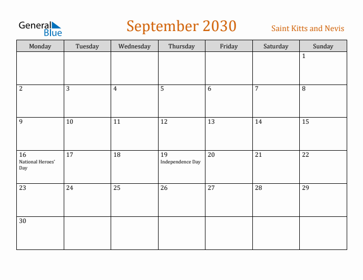 September 2030 Holiday Calendar with Monday Start
