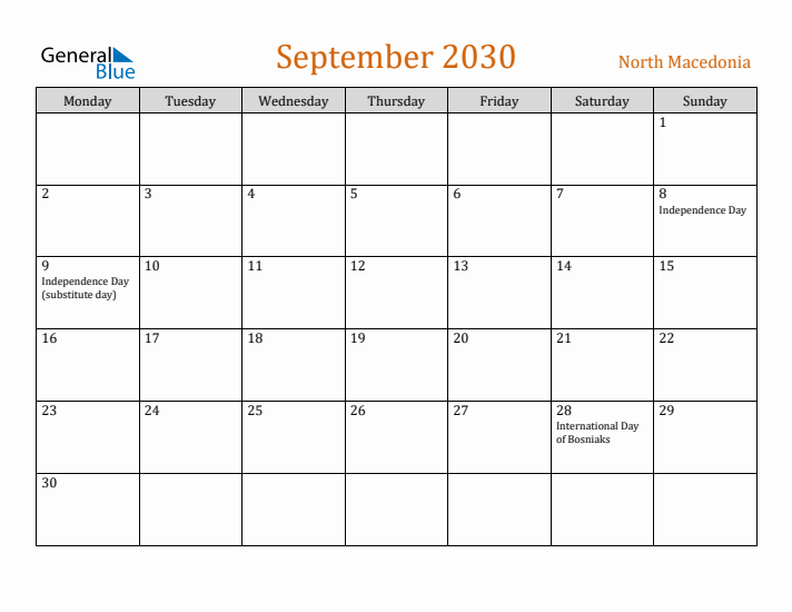 September 2030 Holiday Calendar with Monday Start