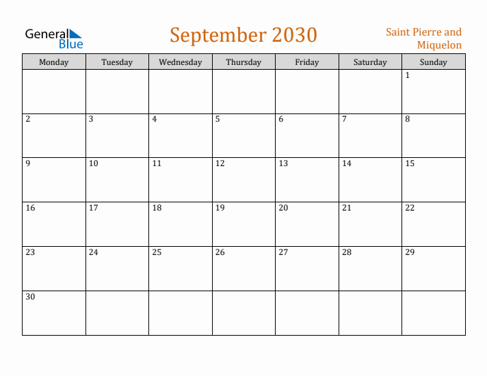 September 2030 Holiday Calendar with Monday Start