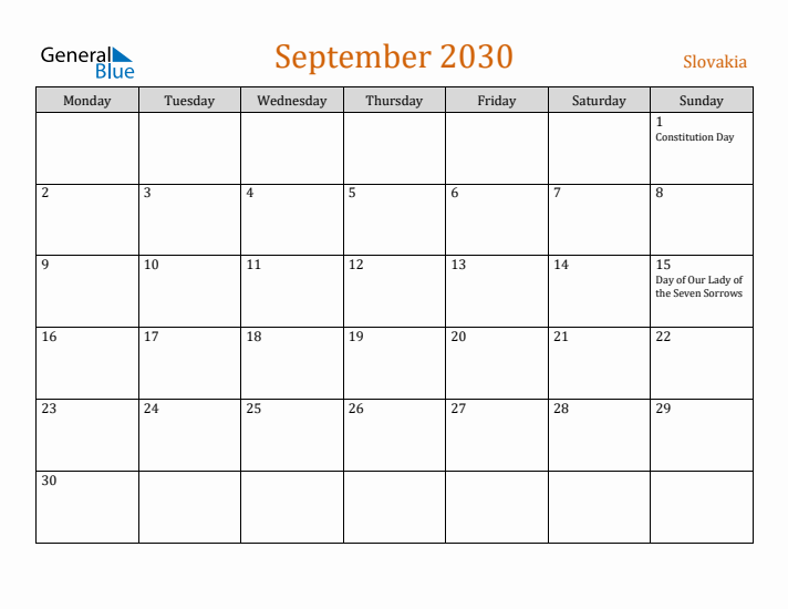 September 2030 Holiday Calendar with Monday Start