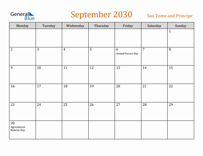 September 2030 Holiday Calendar with Monday Start