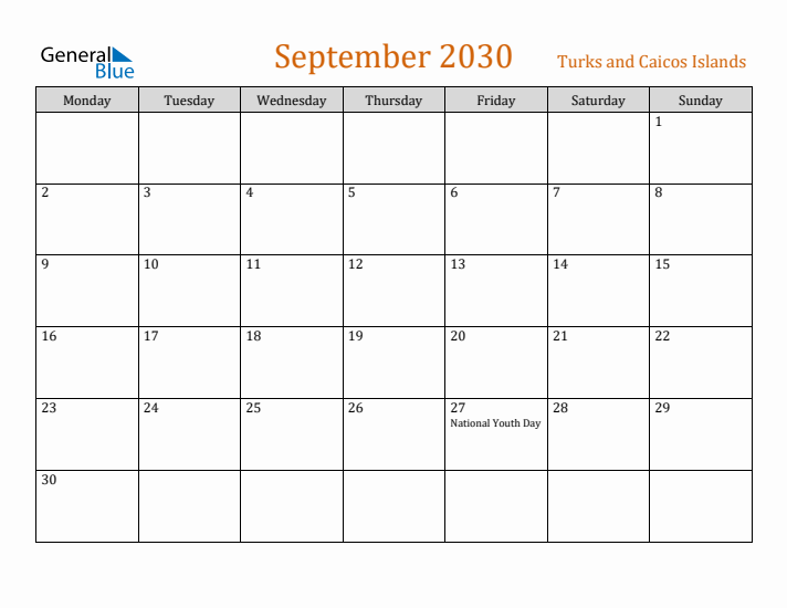 September 2030 Holiday Calendar with Monday Start