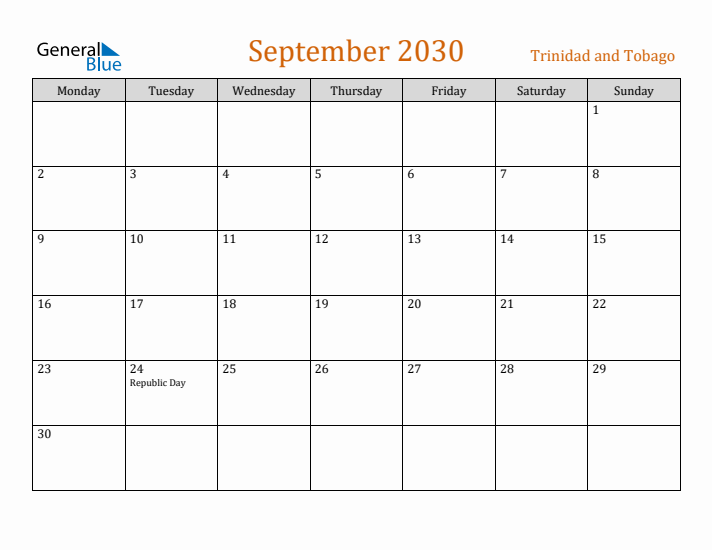 September 2030 Holiday Calendar with Monday Start