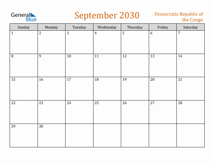 September 2030 Holiday Calendar with Sunday Start