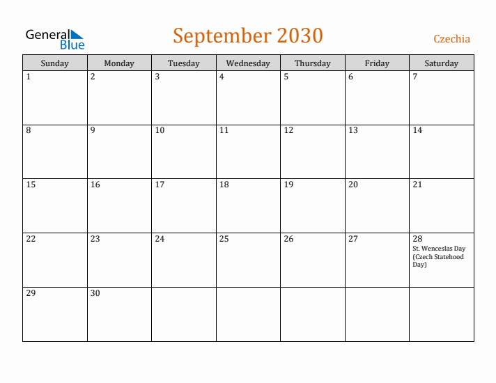September 2030 Holiday Calendar with Sunday Start